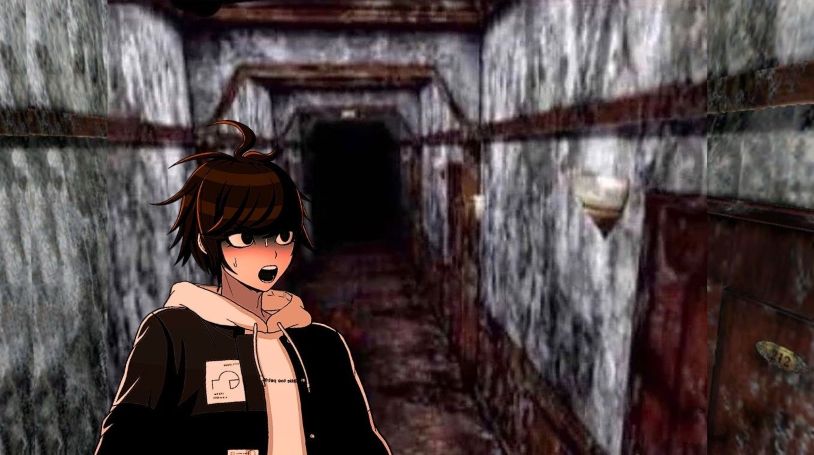 Takumi from Hundred Line in a dark and ominous hallway