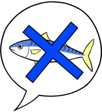 Cartoon fish in a speech bubble with an X mark on top